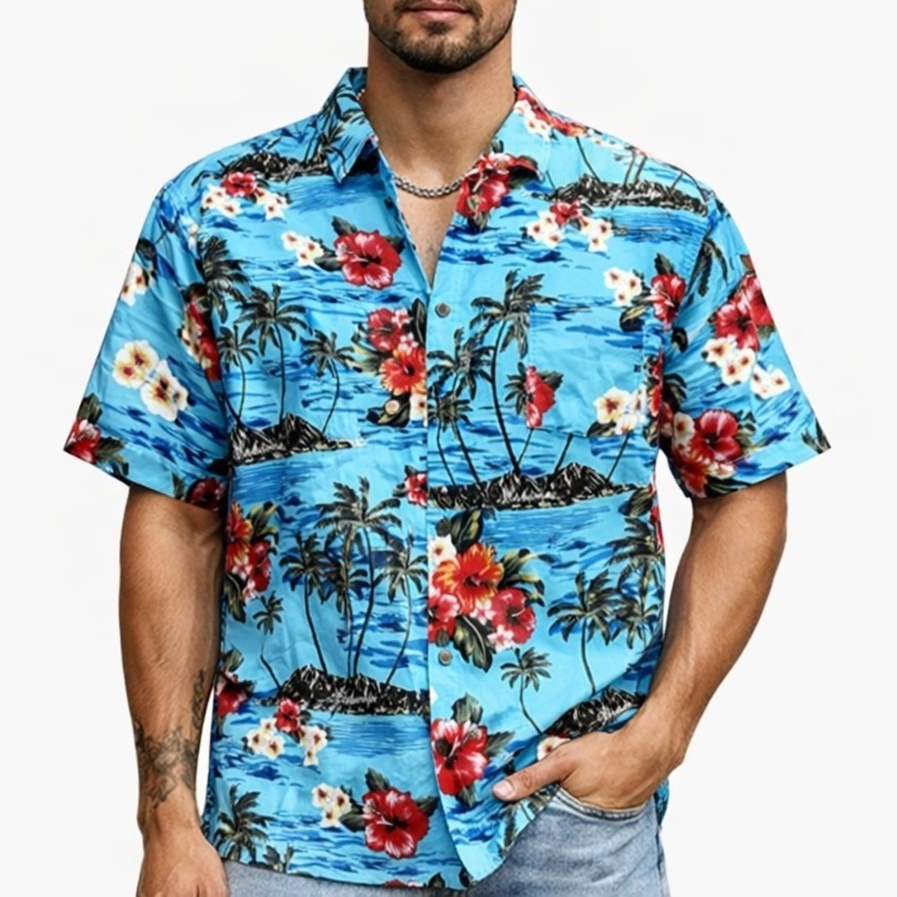 Banana Bay Hawaiian Shirt Mens XL Blue Tropical Floral Island Aloha Hibiscus